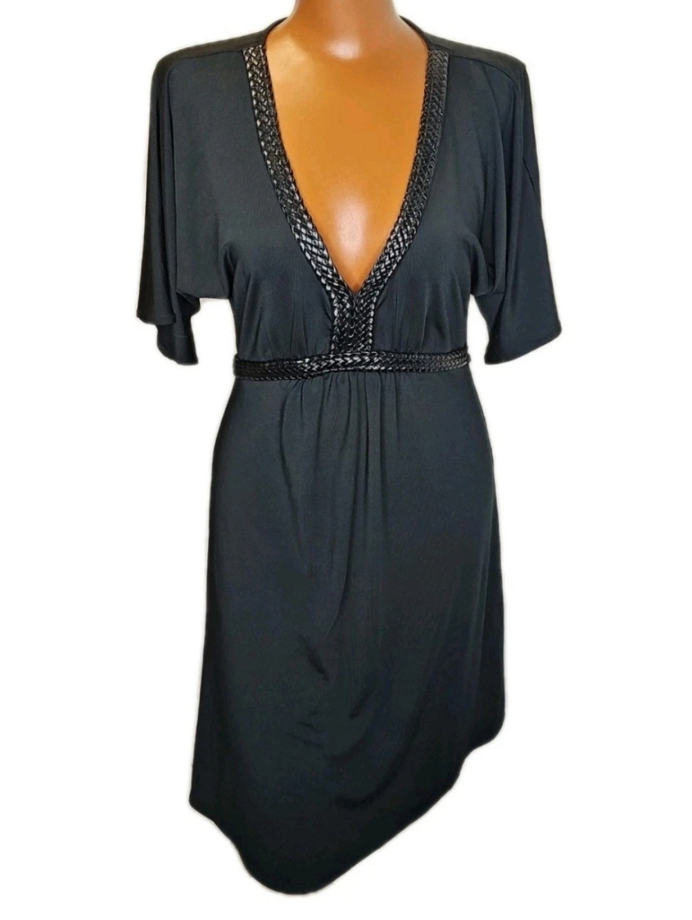 Vertigo Paris Resort Mini Dress S Black V-Neck Attached Belt Braid Vegan Leather